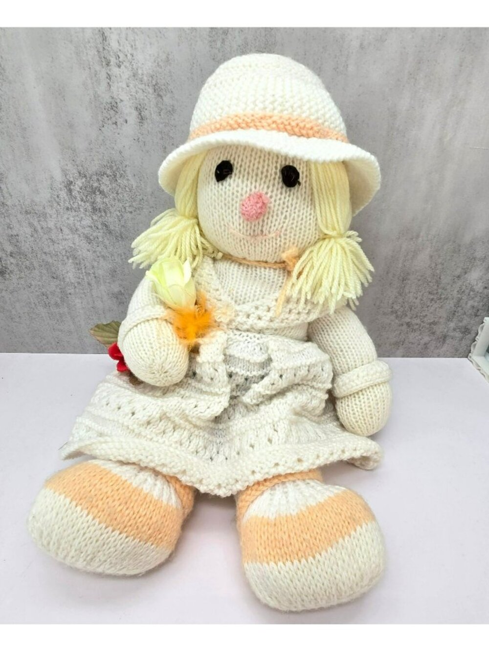 Knitted Victorian Style Doll Hat & Dress Blonde Yarn Hair Soft Plush Toy VL5184